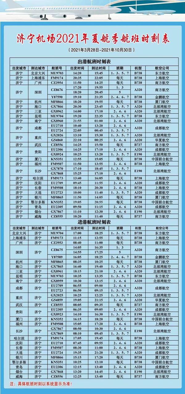 2021济宁机场鼓励乘坐航班优惠政策-航班时刻表